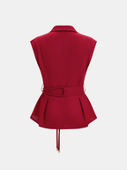 Sleeveless Collared Pleated Hem Belted Blouse