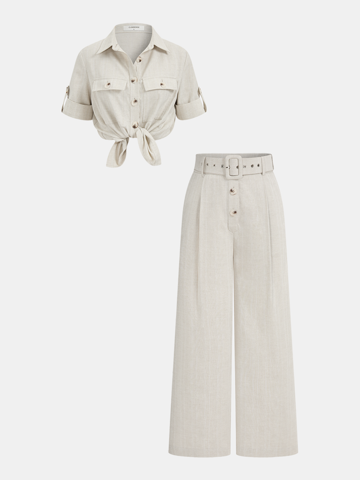 Cotton Linen Knotted Shirt & Belted Pants Set
