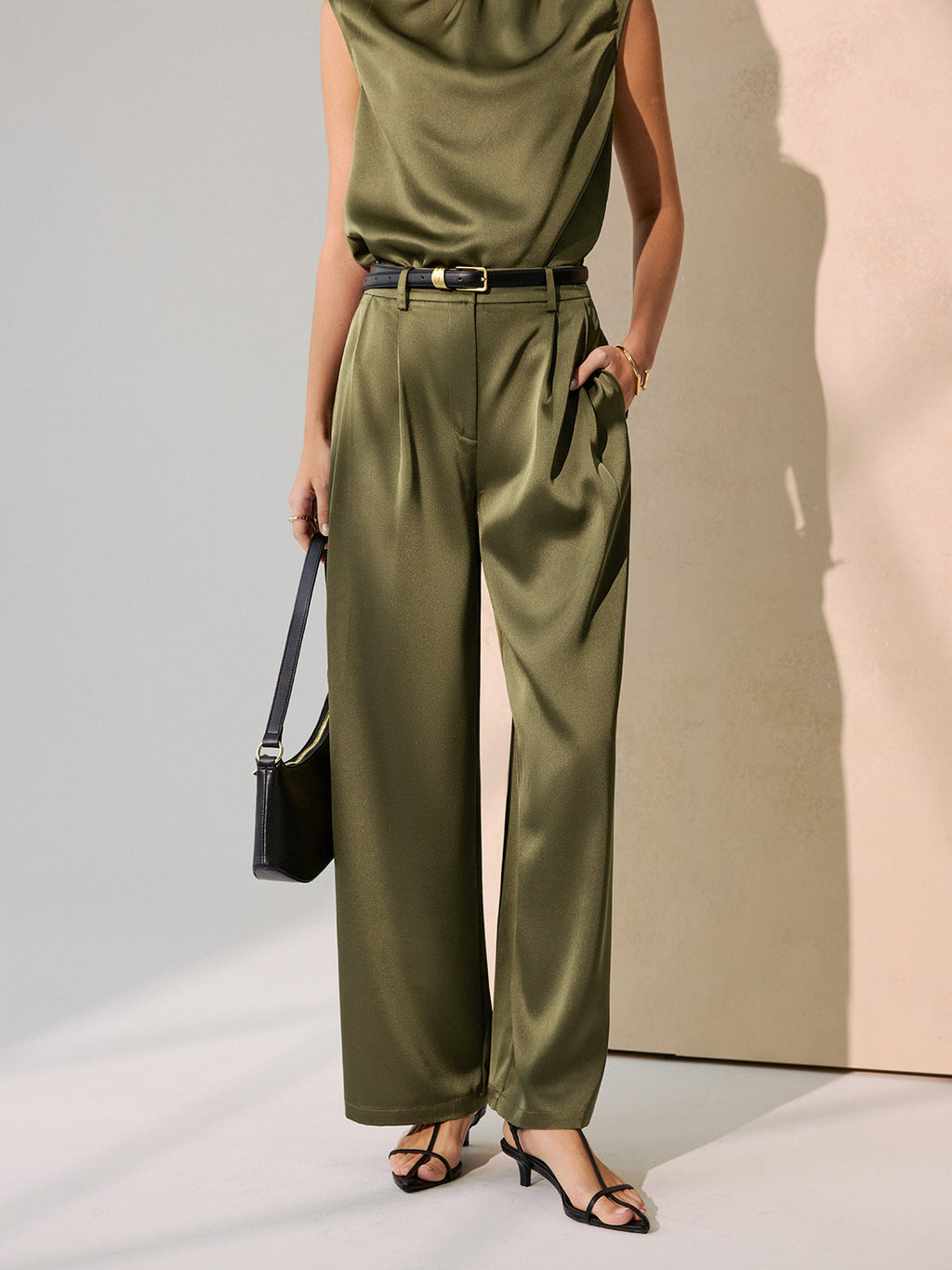 Satin Sleeveless Top & Wide-Leg Pants Set without Belt
