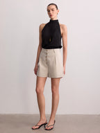 Metal Button Cotton Linen Cuffed Shorts