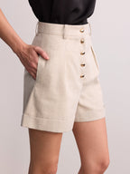 Metal Button Cotton Linen Cuffed Shorts
