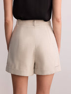 Metal Button Cotton Linen Cuffed Shorts