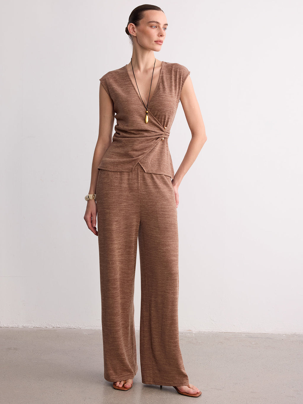 Wrap-Front Sleeveless Knit Top & Pants Set