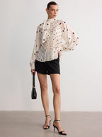 Bow Neck Pleated Polka Dot Blouse