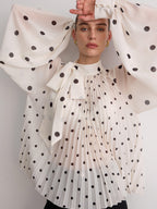 Bow Neck Pleated Polka Dot Blouse