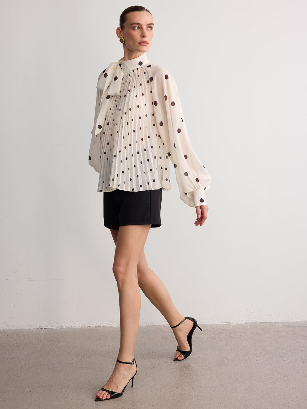 Bow Neck Pleated Polka Dot Blouse