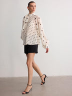Bow Neck Pleated Polka Dot Blouse