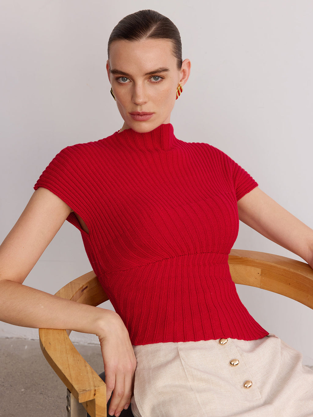 Wool Blend Ribbed Mock Neck Knit Top