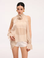 3D Rose Halter Neck Bell Sleeve Sheer Blouse
