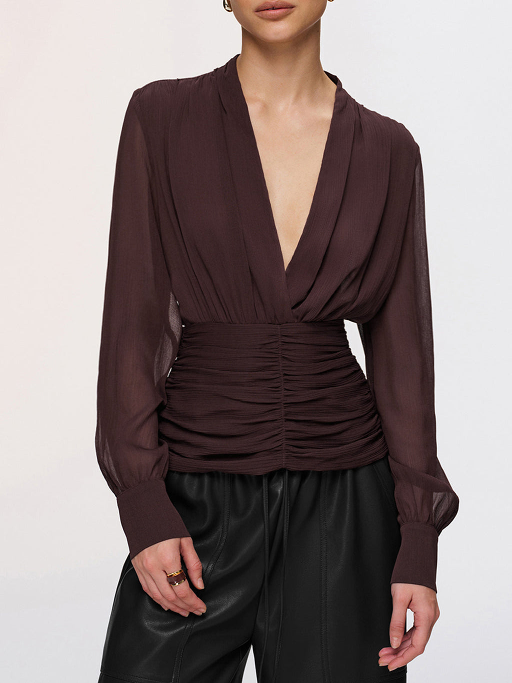 Semi-Sheer Ruched Deep V-Neck Blouse