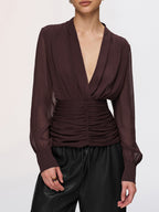Semi-Sheer Ruched Deep V-Neck Blouse