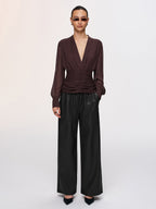 Semi-Sheer Ruched Deep V-Neck Blouse