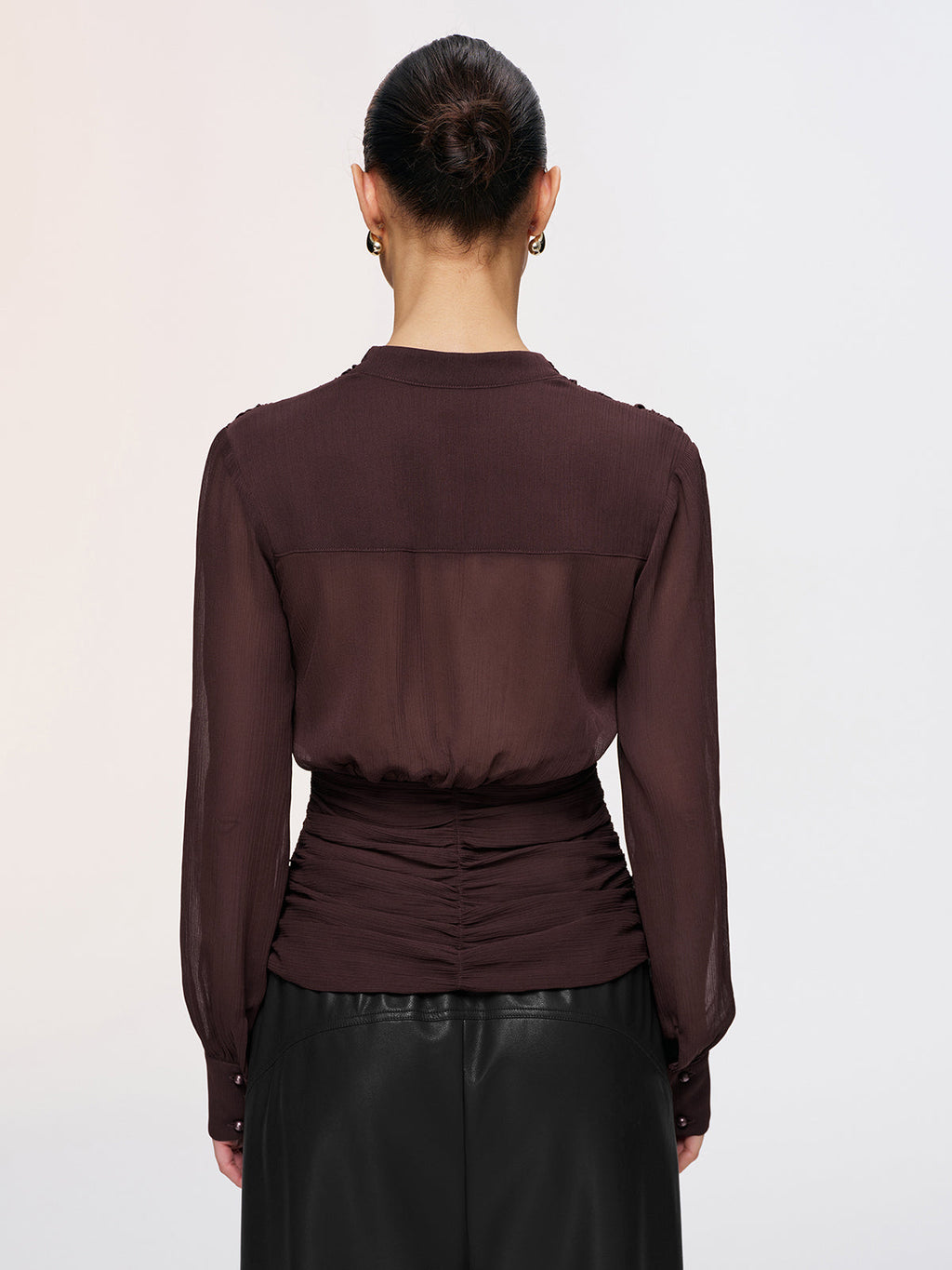 Semi-Sheer Ruched Deep V-Neck Blouse