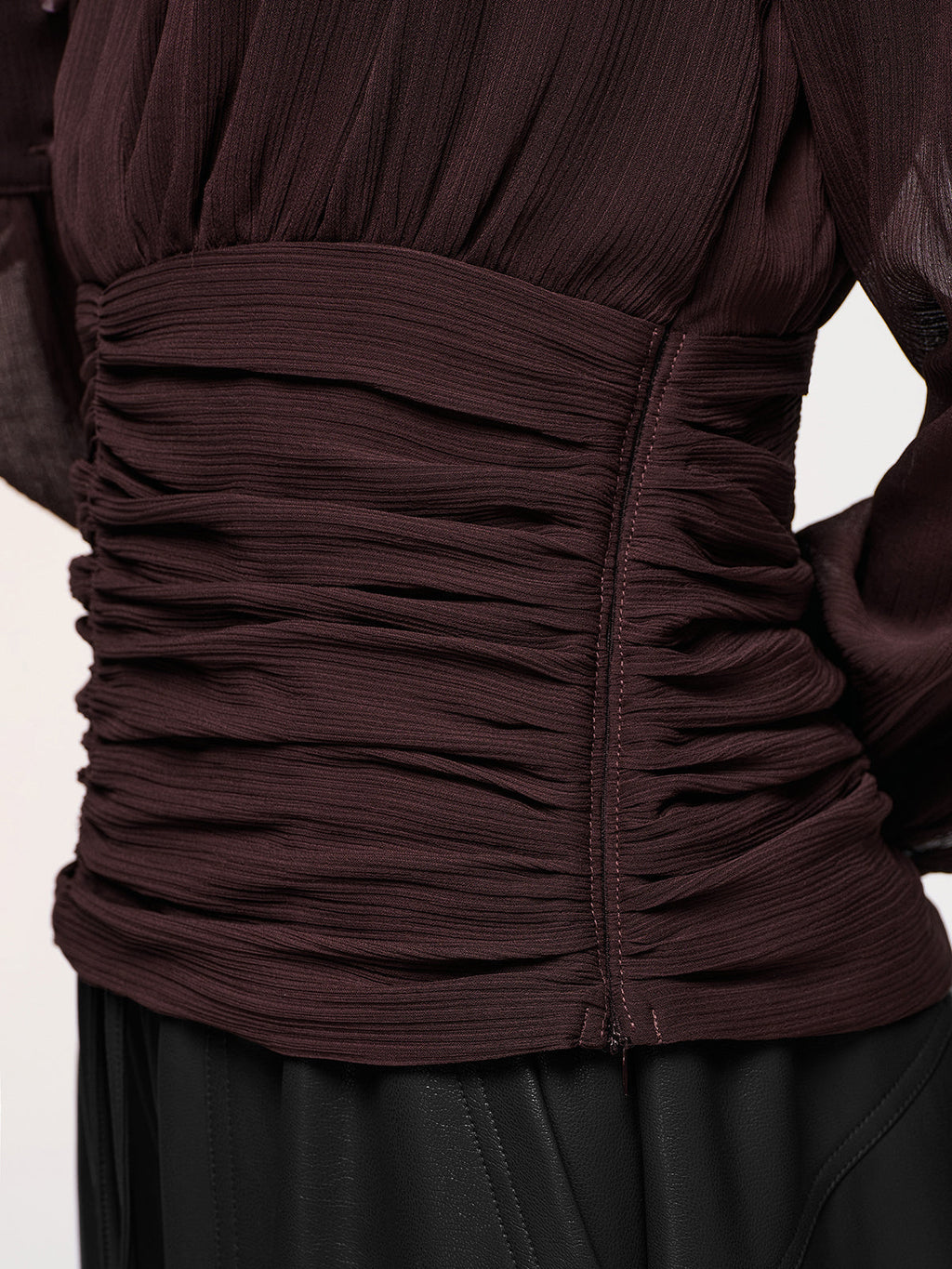 Semi-Sheer Ruched Deep V-Neck Blouse