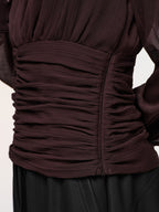 Semi-Sheer Ruched Deep V-Neck Blouse