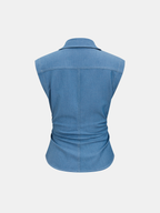 Button-Front Ruched Sleeveless Shirt