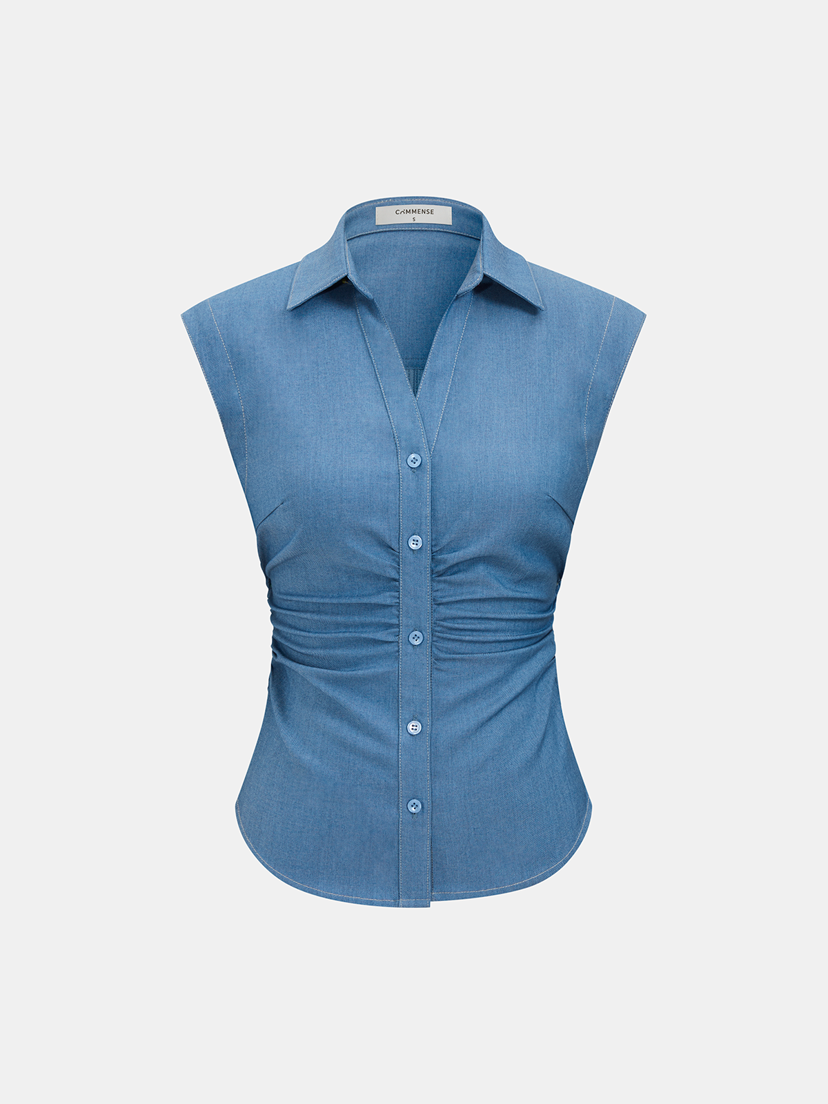 Button-Front Ruched Sleeveless Shirt
