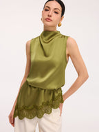 Lace Trim Satin Sleeveless Blouse