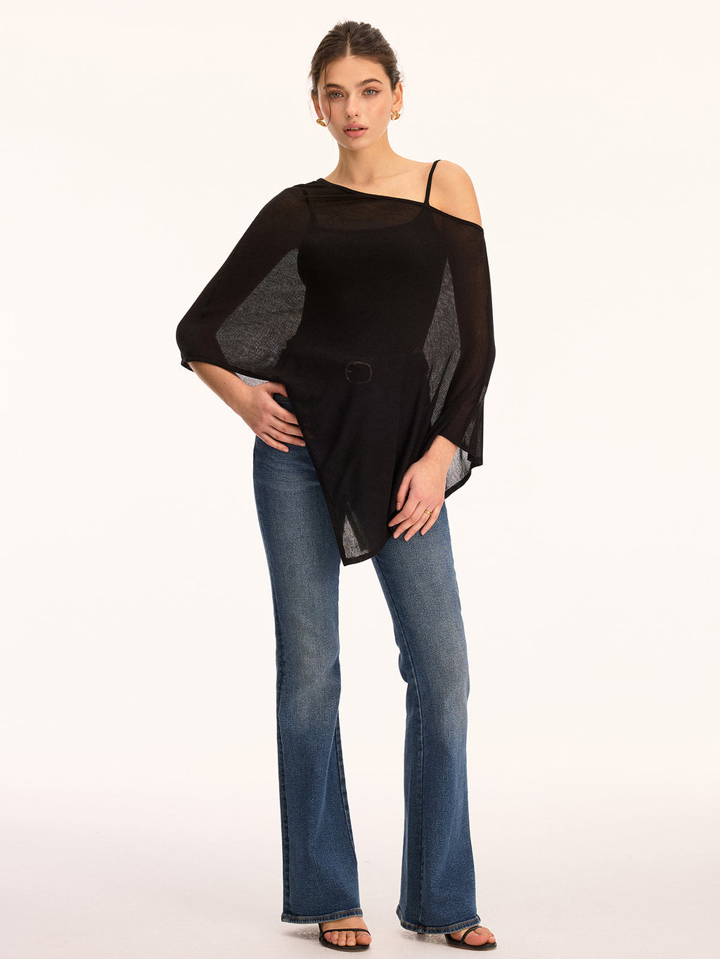 Off Shoulder Sheer Asymmetric Knit Sweater