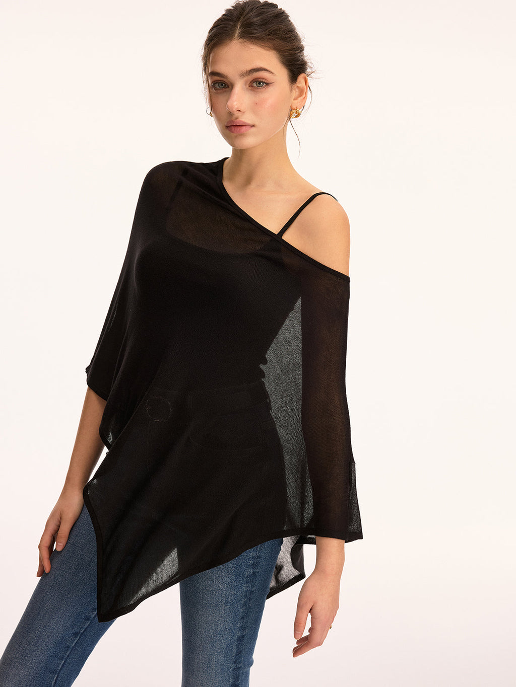 Off Shoulder Sheer Asymmetric Knit Sweater