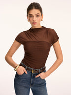 Mesh Ruched Mock Neck Top