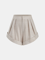 Mid-Waist Striped Pleated Cotton Shorts