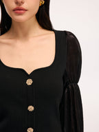 Metal Button Puff Sleeve Knit Square Neck Top