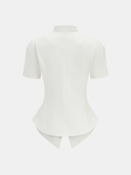 Short Sleeve Stand Collar Buttoned Slim Blouse