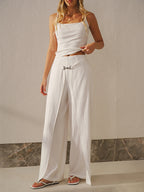 Horsebit Detail Linen Blend Wide Leg Pants