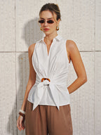 Buckle Detail Collared Knot-Front Top