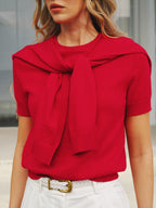 Wool Blend Scarf Detail Knit Short Sleeve Top
