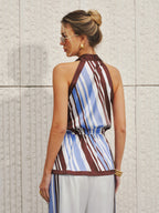 Halter Striped Satin Tie-Waist Blouse
