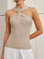 Twist Halter Neck Rib Knit Tank Top