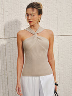 Twist Halter Neck Rib Knit Tank Top