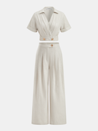 Cotton Linen Crop Top & Pleated Pants Set