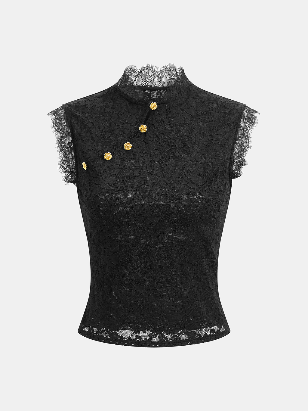 Floral Button Mandarin Collar Lace Top