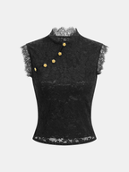 Floral Button Mandarin Collar Lace Top