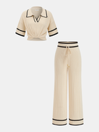 Contrast Trim Polo Top & Drawstring Pant Set
