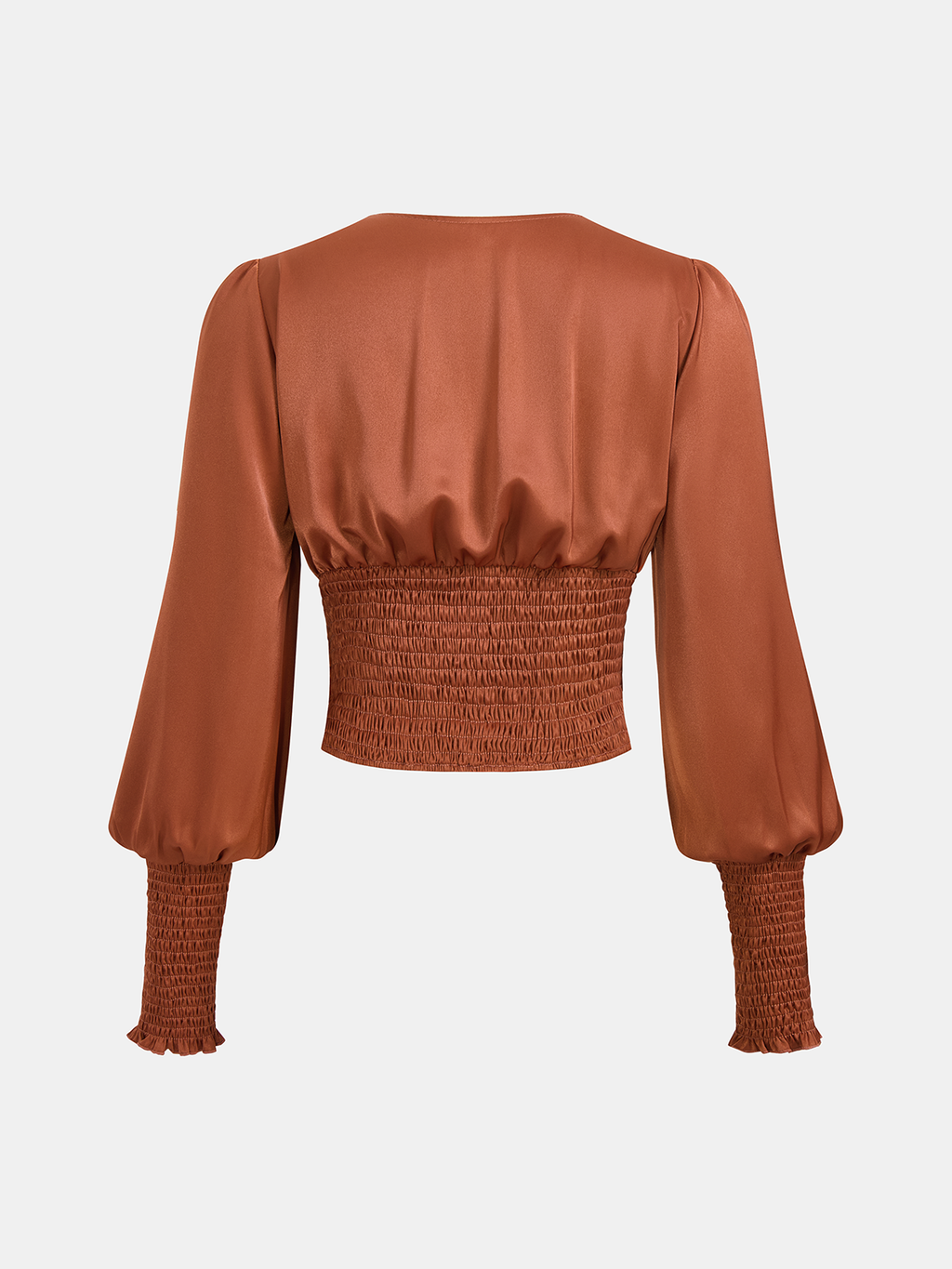 Smocked Satin V-Neck Puff Sleeve Blouse
