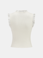 Ruffled Wool Blend Sheer Ribbed Knit Top