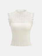 Ruffled Wool Blend Sheer Ribbed Knit Top