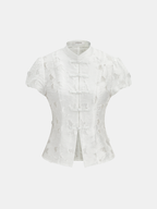 Frog Button Mandarin Collar Textured Blouse