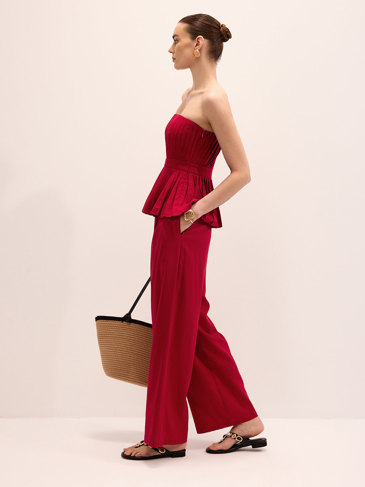 Strapless Pleated Linen Blend Top & Pants Set