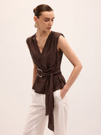 Tie-Waist V-Neck Linen Blend Sleeveless Blouse