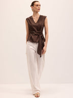 Tie-Waist V-Neck Linen Blend Sleeveless Blouse