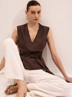 Tie-Waist V-Neck Linen Blend Sleeveless Blouse