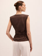 Tie-Waist V-Neck Linen Blend Sleeveless Blouse