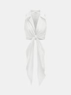 Collared Sleeveless Knotted Cropped Blouse