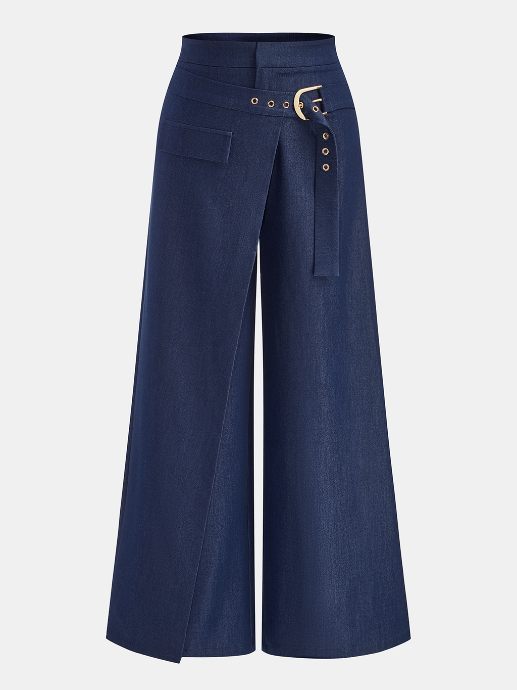 Buckle-Waist Overlap Wide Leg Pants