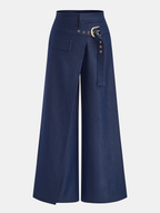 Buckle-Waist Overlap Wide Leg Pants